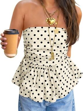 Strapless Polka Dot Peplum Camisole - Cream/Black
